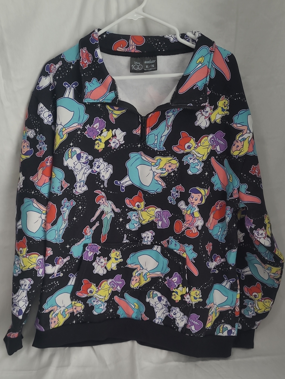 Disney 100 Women's ¼ Zip Pullover Sweater in Black with Alice, Peter Pan, & More